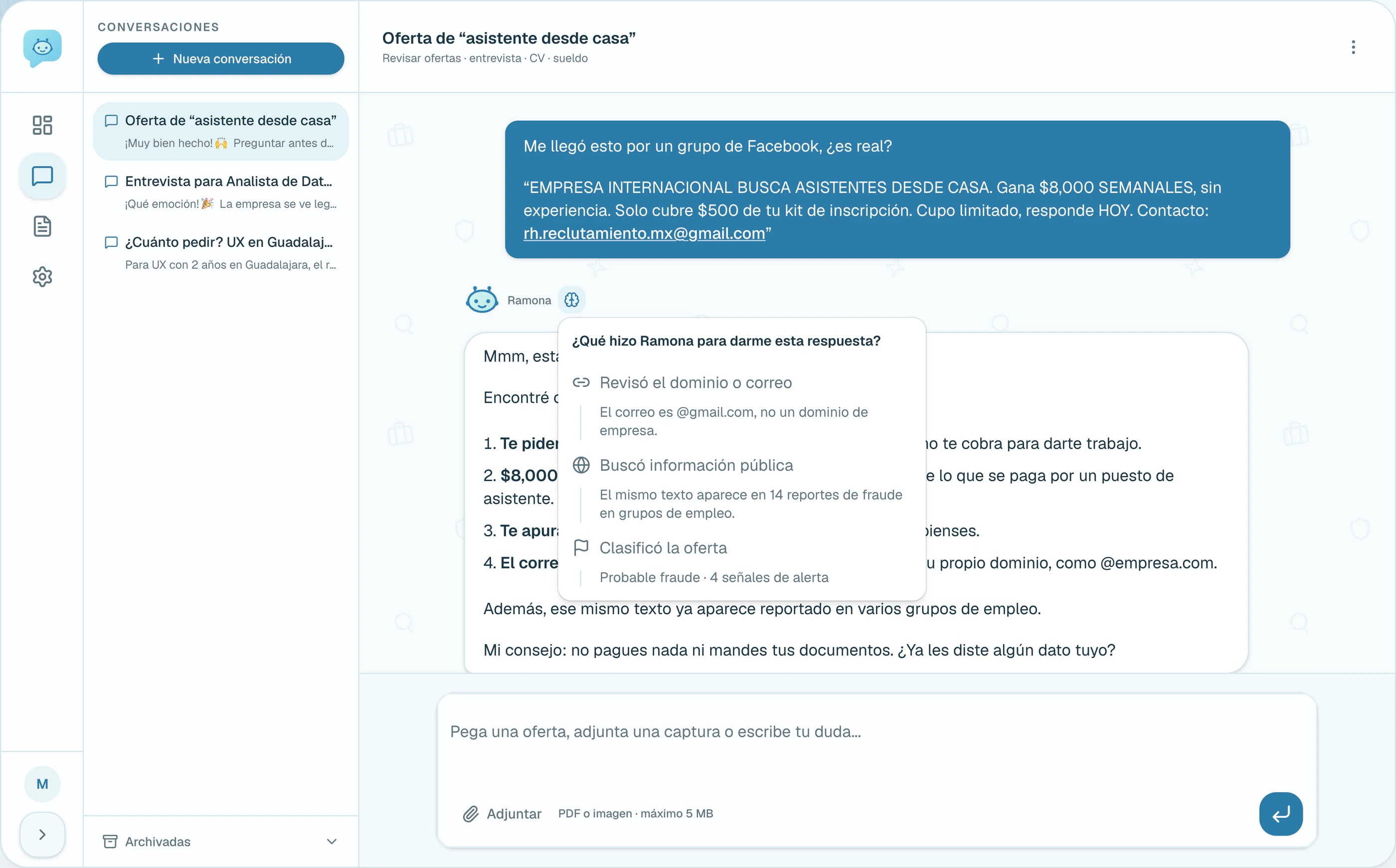 Panel “¿Qué hizo Ramona para darme esta respuesta?”: revisó el dominio del correo, buscó información pública y clasificó la oferta.