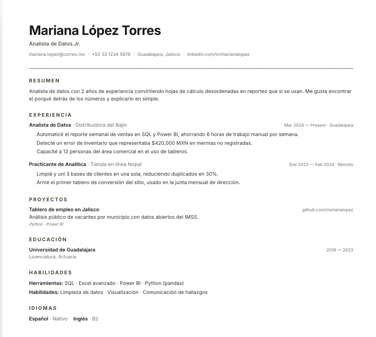 Vista previa del CV de Mariana López Torres, Analista de Datos Jr., hecho en el editor de Ramona.