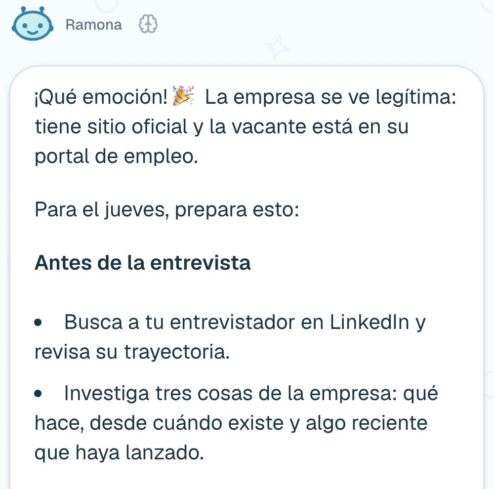 Ramona preparando una entrevista de Analista de Datos con preguntas probables.