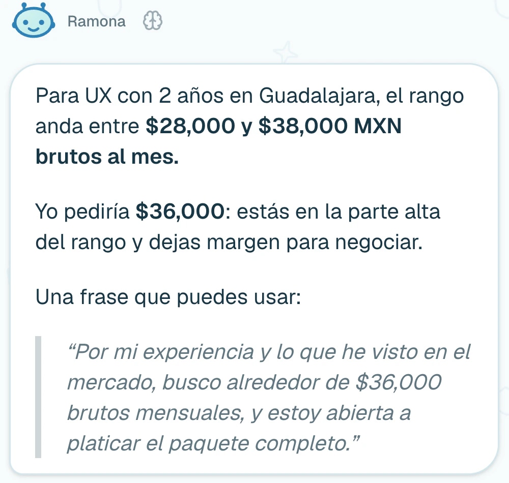 Ramona dando el rango de sueldo de una diseñadora UX en Guadalajara y una cifra para pedir.